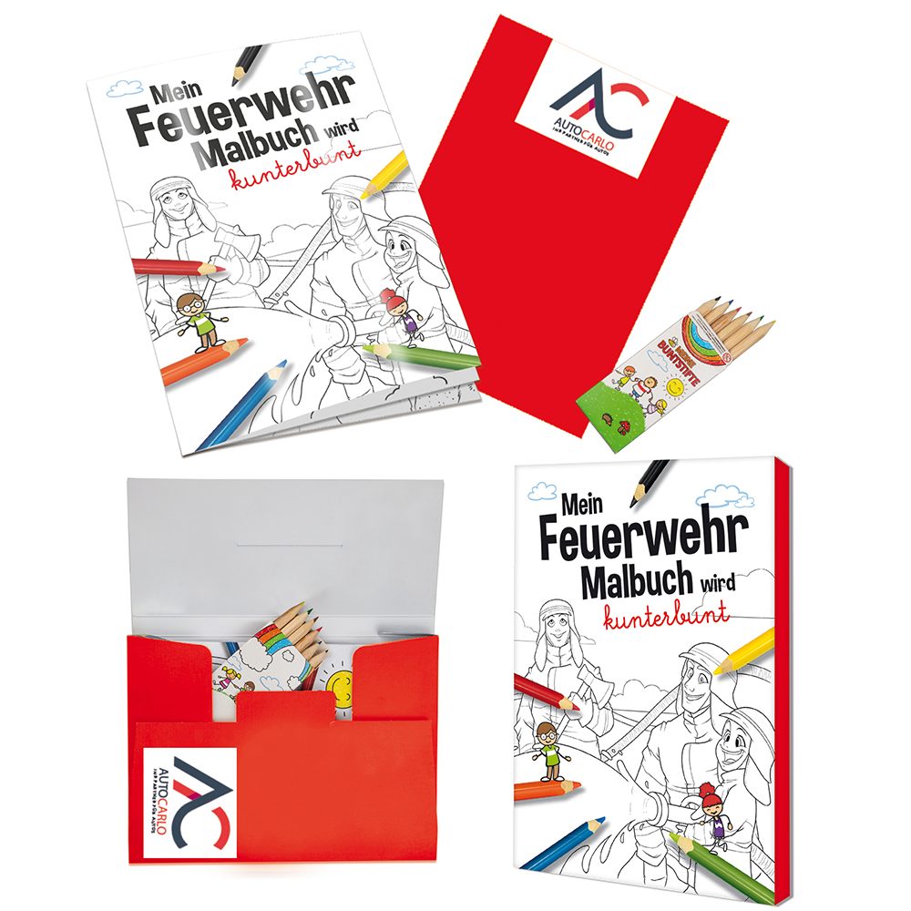 Malbuch / Mal-Set A6 - Feuerwehr, Malset mit 2-c Logoeindruck