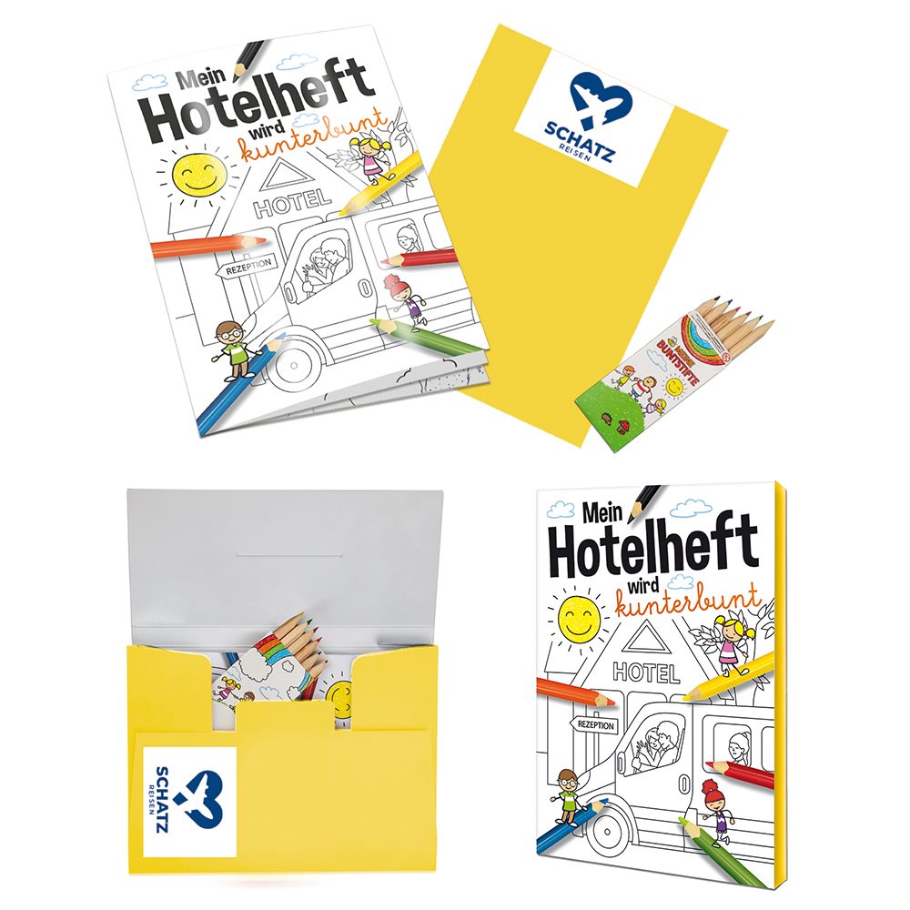 Malbuch / Mal-Set A6 - Hotel, Malset mit 1-c Logoeindruck