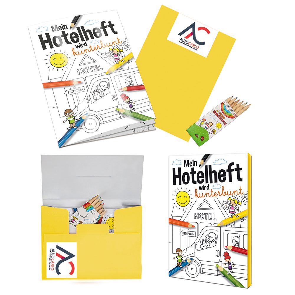 Malbuch / Mal-Set A6 - Hotel, Malset mit 2-c Logoeindruck