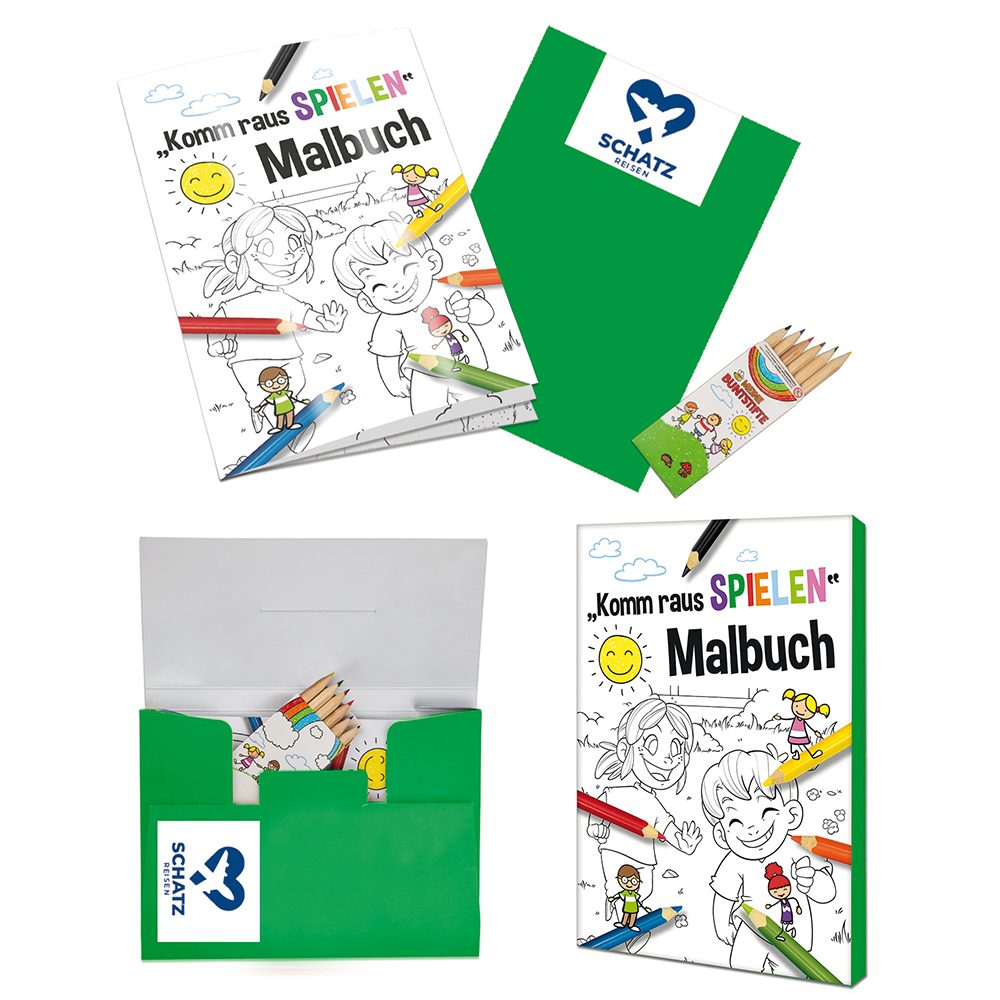 Malbuch / Mal-Set A6 - Komm-raus-spielen, Malset mit 1-c Logoeindruck