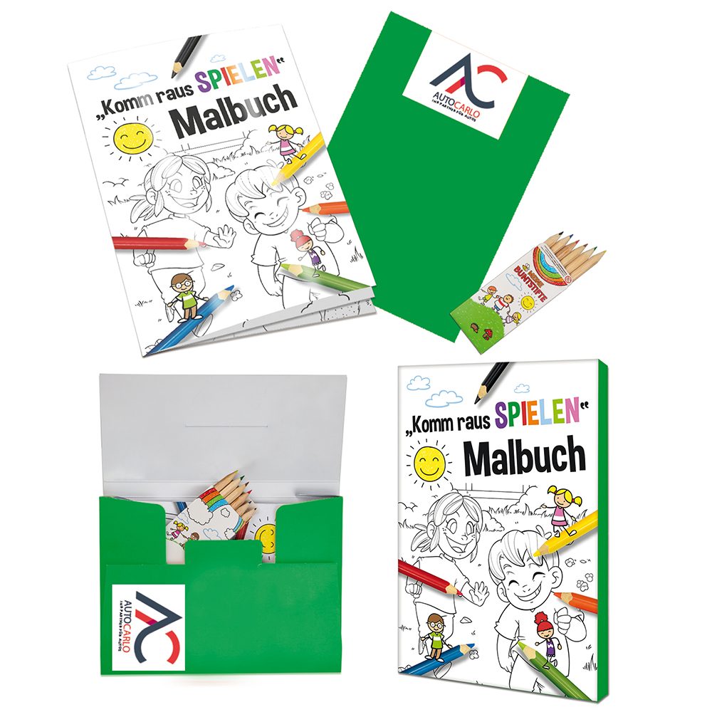 Malbuch / Mal-Set A6 - Komm-raus-spielen, Malset mit 2-c Logoeindruck