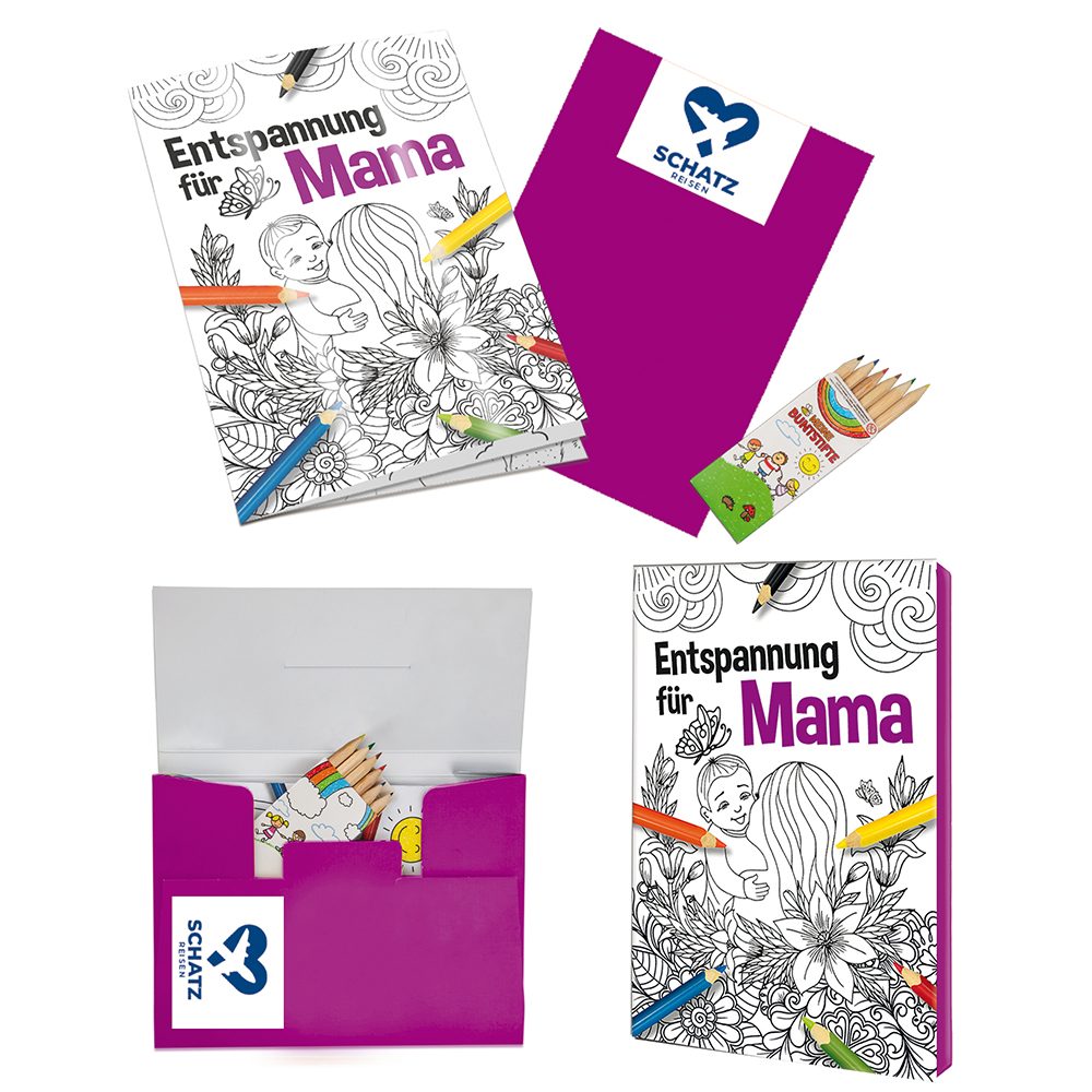 Malbuch / Mal-Set A6 - Entspannung für Mama, Malset mit 1-c Logoeindruck