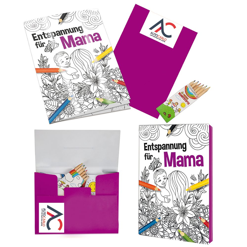 Malbuch / Mal-Set A6 - Entspannung für Mama, Malset mit 2-c Logoeindruck