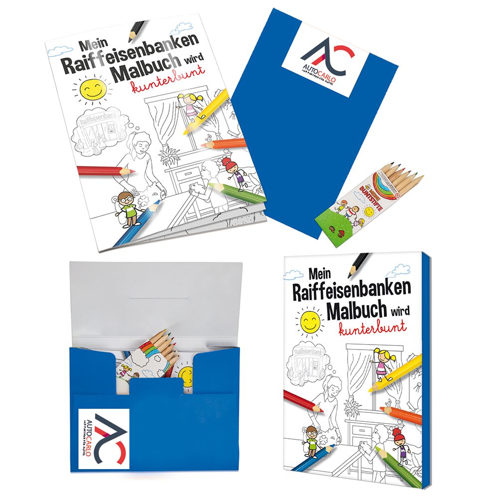Malbuch / Mal-Set A6 - Raiffeisenbanken, Malset mit 2-c Logoeindruck