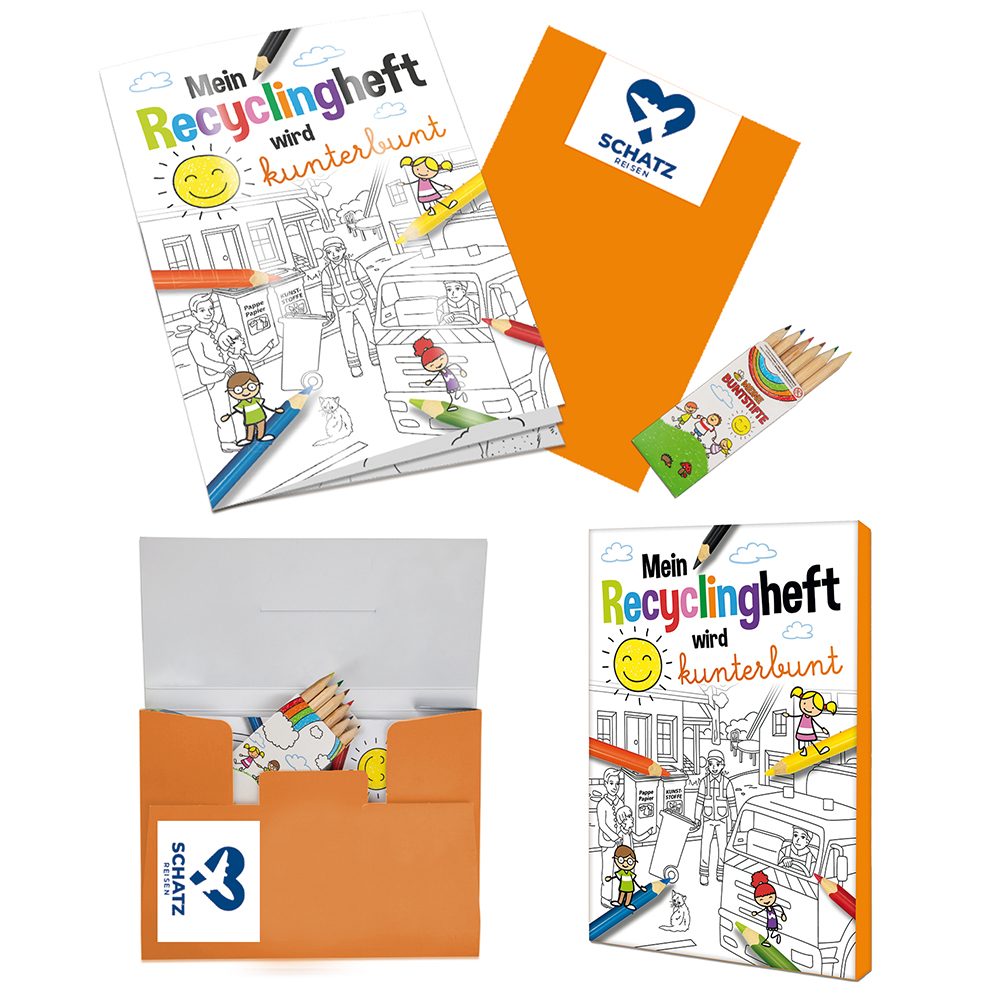 Malbuch / Mal-Set A6 - Recycling, Malset mit 1-c Logoeindruck
