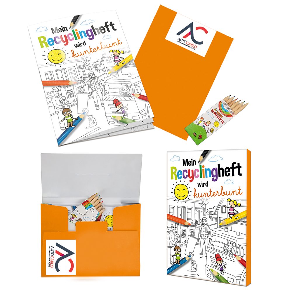 Malbuch / Mal-Set A6 - Recycling, Malset mit 2-c Logoeindruck