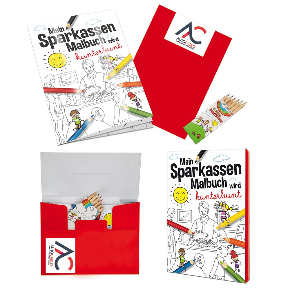Malbuch / Mal-Set A6 - Sparkassen, Malset mit 2-c Logoeindruck