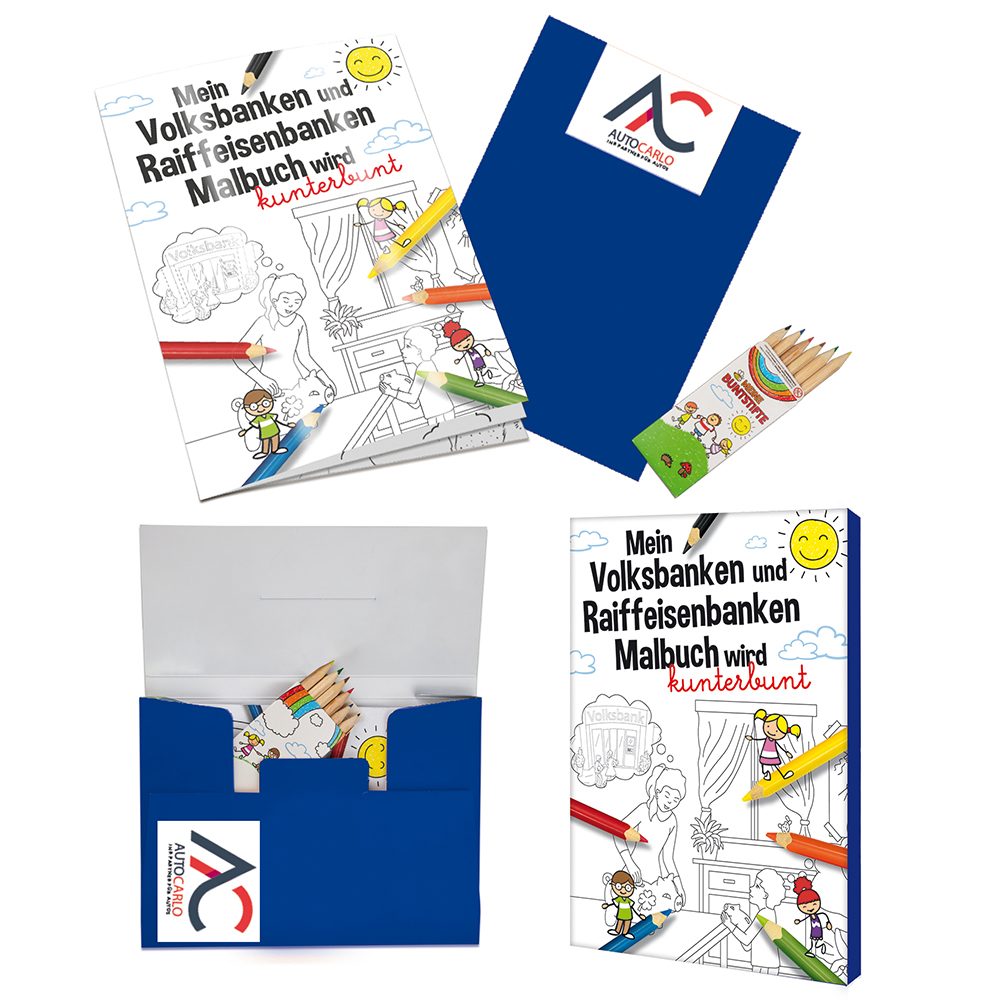 Malbuch / Mal-Set A6 - Volksbanken&Raiffeisenbanken, Malset mit 2-c Logoeindruck