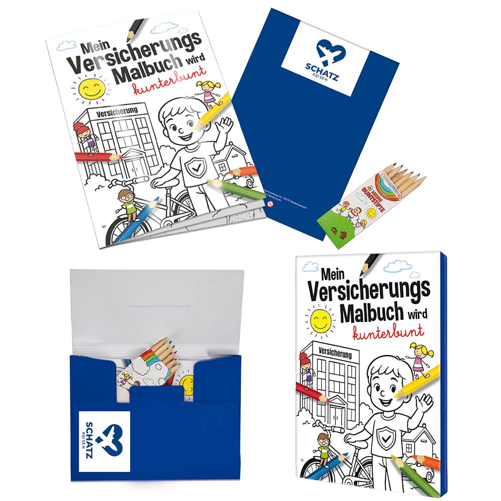 Malbuch / Mal-Set A6 - Versicherung, Malset mit 1-c Logoeindruck (ab 500 Stk.)