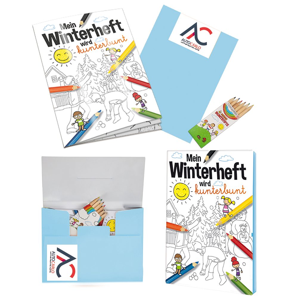 Malbuch / Mal-Set A6 - Winter, Malset mit 2-c Logoeindruck