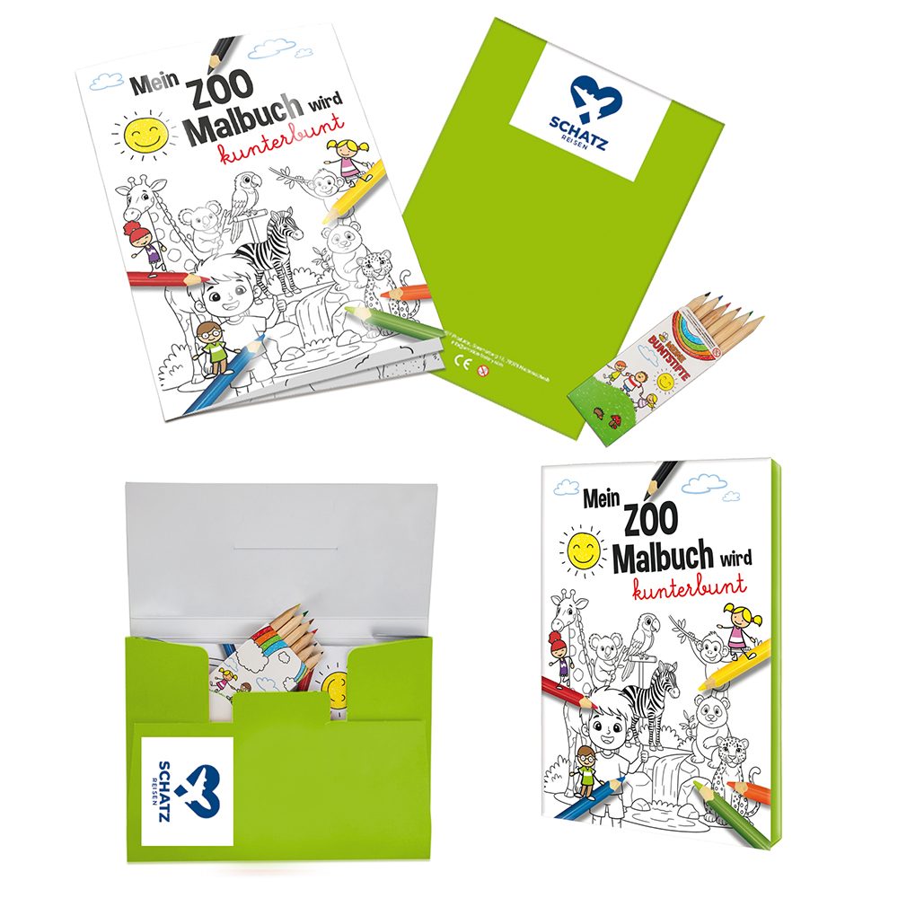 Malbuch / Mal-Set A6 - Zoo, Malset mit 1-c Logoeindruck (ab 500 Stk.)
