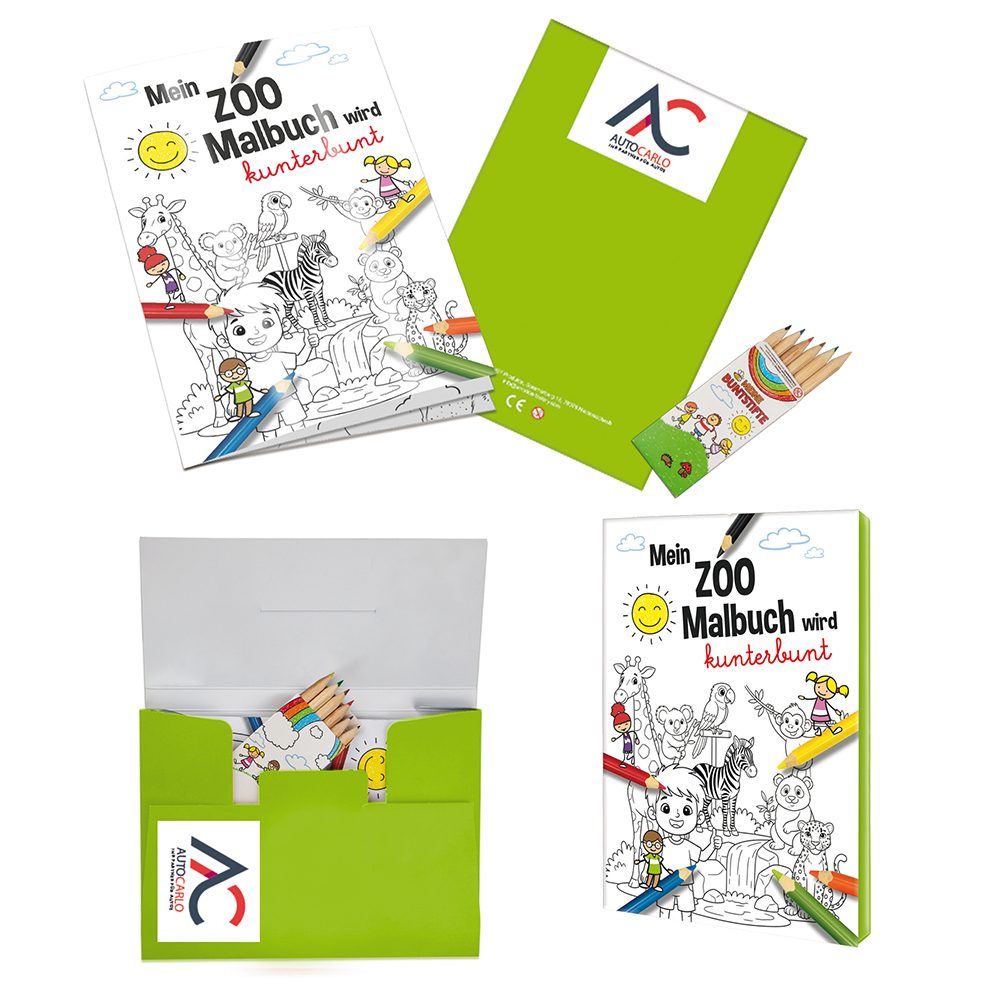 Malbuch / Mal-Set A6 - Zoo, Malset mit 2-c Logoeindruck (ab 500 Stk.)