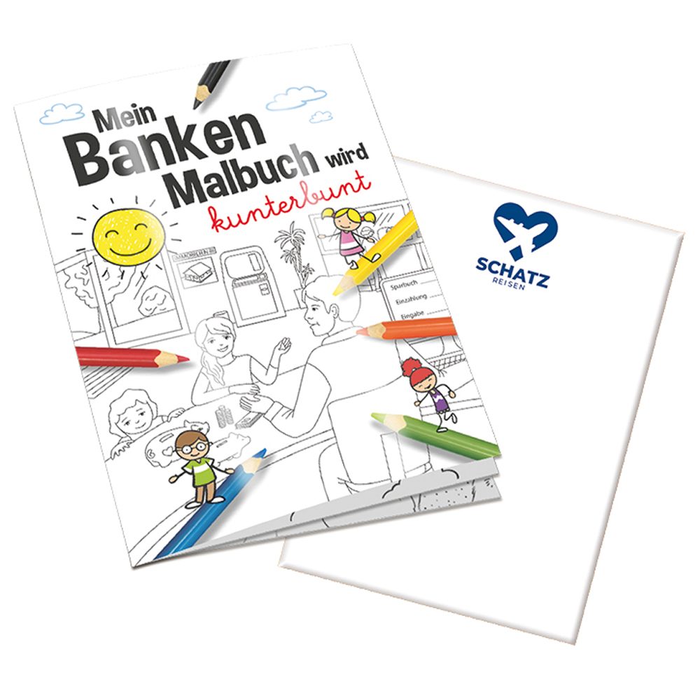 Malbuch / Mal-Set A6 - Banken, Malbuch mit 1-c Logoeindruck