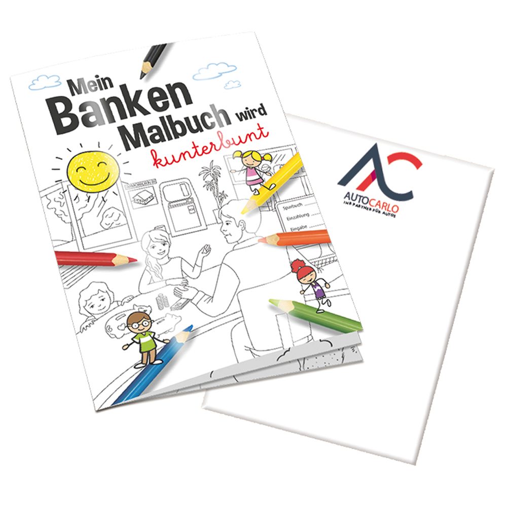 Malbuch / Mal-Set A6 - Banken, Malbuch mit 2-c Logoeindruck