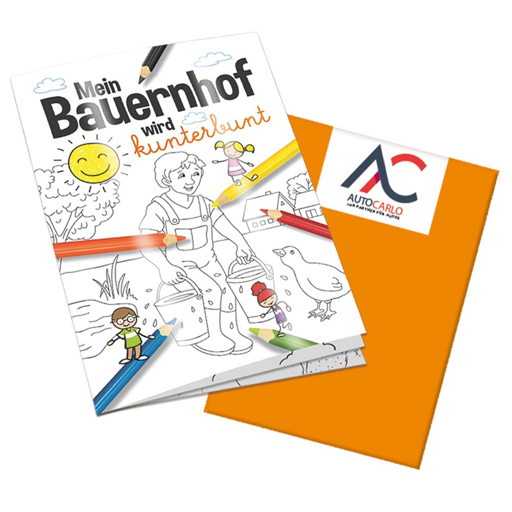 Malbuch / Mal-Set A6 - Bauernhof, Malbuch mit 2-c Logoeindruck