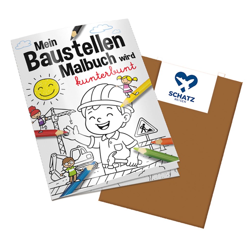 Malbuch / Mal-Set A6 - Baustelle, Malbuch mit 1-c Logoeindruck