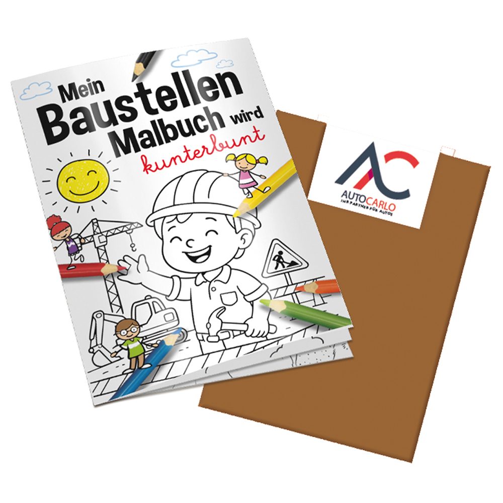 Malbuch / Mal-Set A6 - Baustelle, Malbuch mit 2-c Logoeindruck