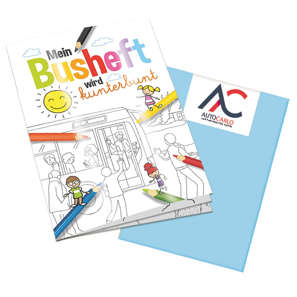 Malbuch / Mal-Set A6 - Bus, Malbuch mit 2-c Logoeindruck