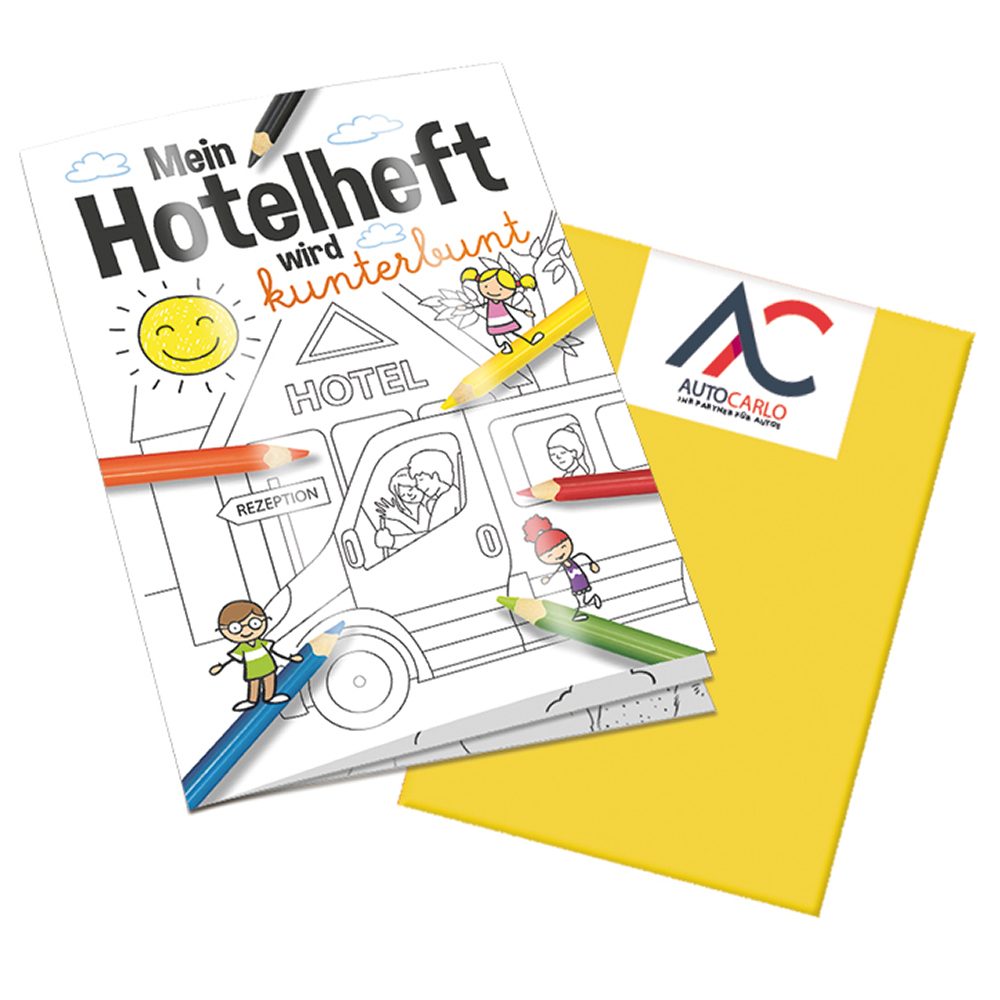 Malbuch / Mal-Set A6 - Hotel, Malbuch mit 2-c Logoeindruck