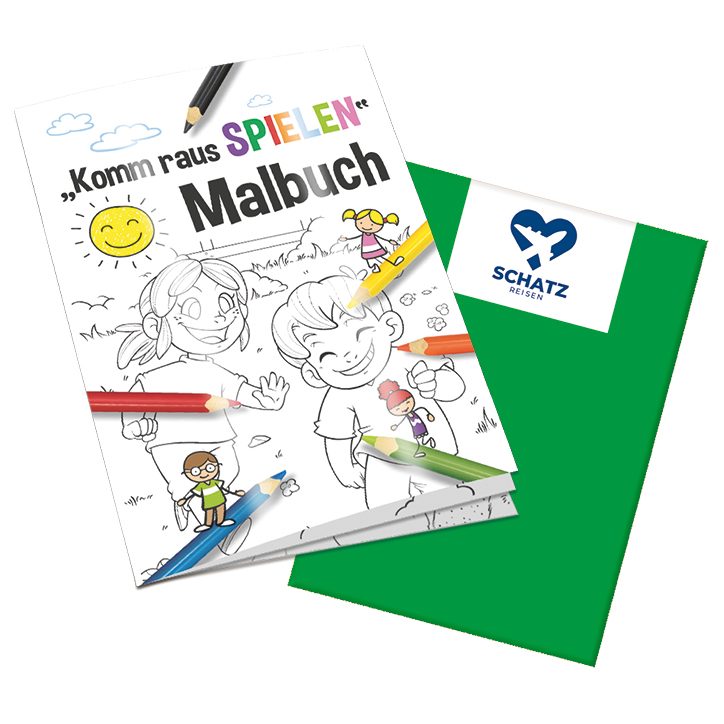 Malbuch / Mal-Set A6 - Komm-raus-spielen, Malbuch mit 1-c Logoeindruck