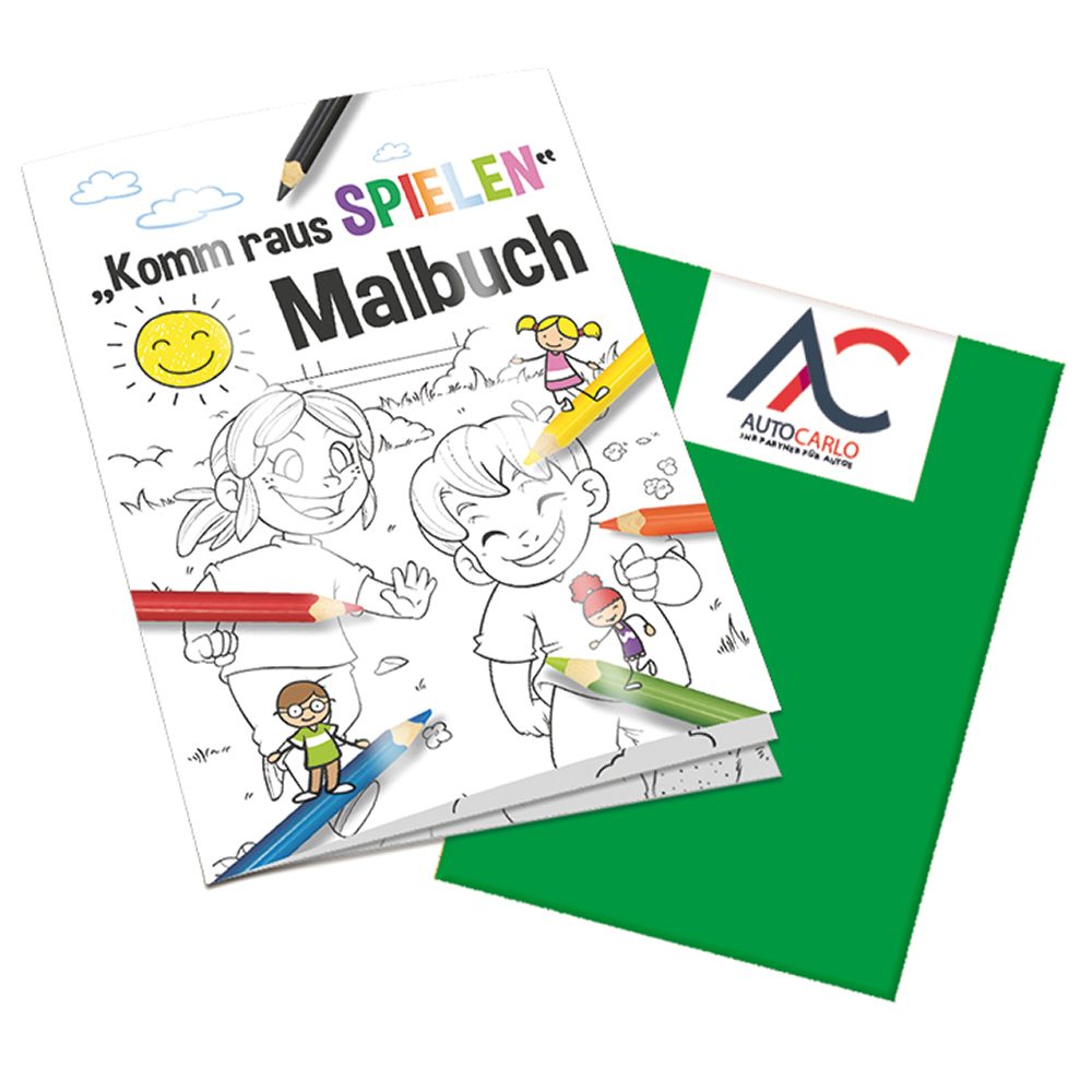 Malbuch / Mal-Set A6 - Komm-raus-spielen, Malbuch mit 2-c Logoeindruck