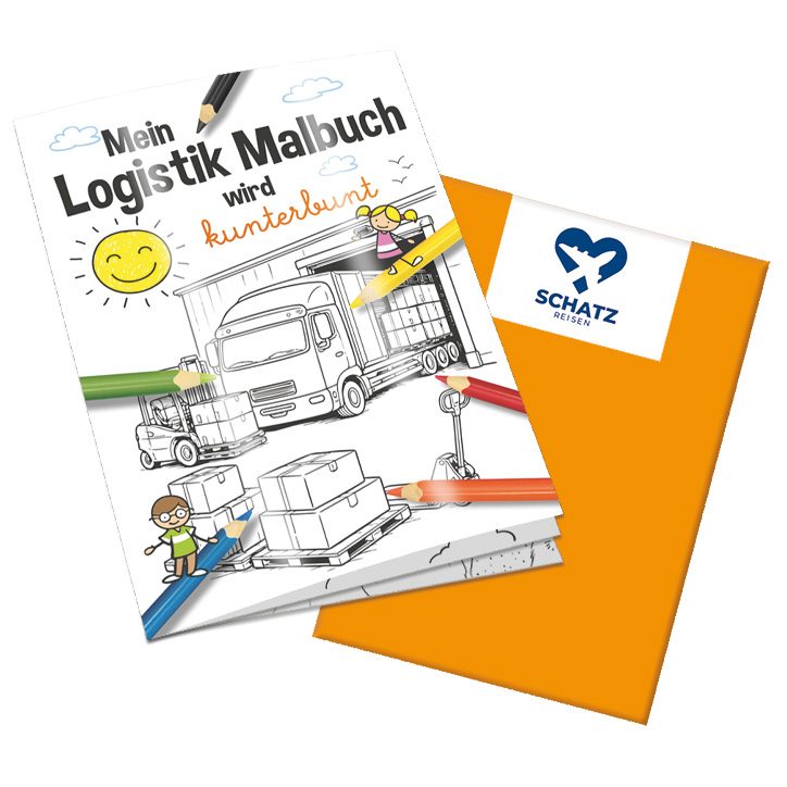 Malbuch / Mal-Set A6 - Logistik, Malbuch mit 1-c Logoeindruck