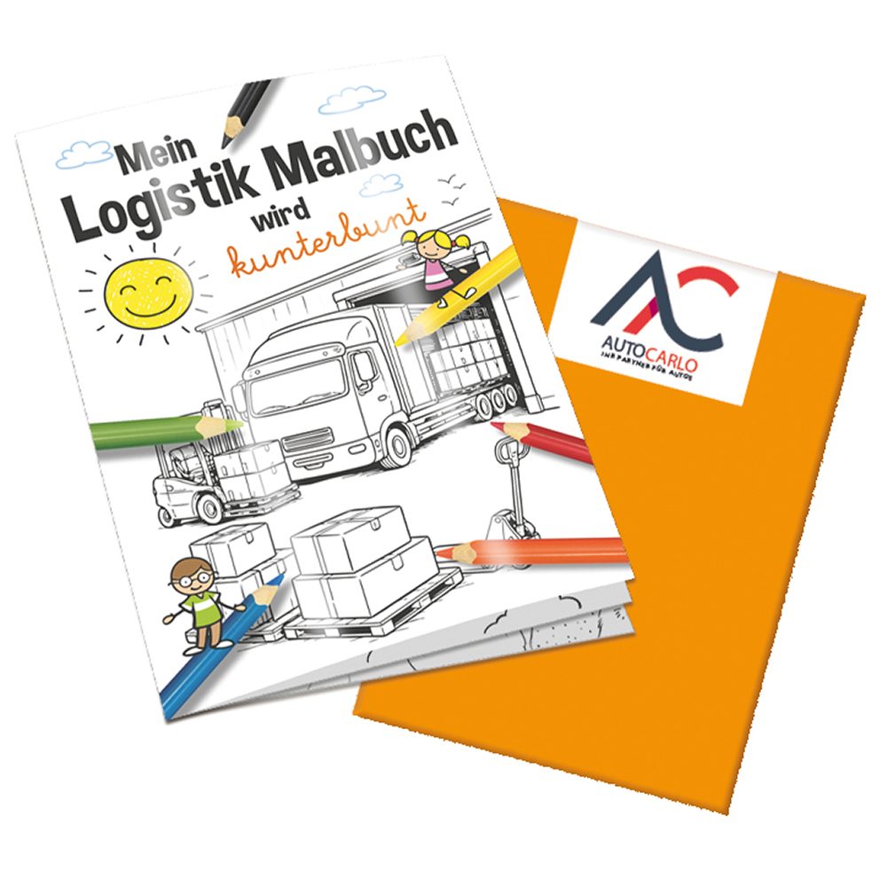 Malbuch / Mal-Set A6 - Logistik, Malbuch mit 2-c Logoeindruck