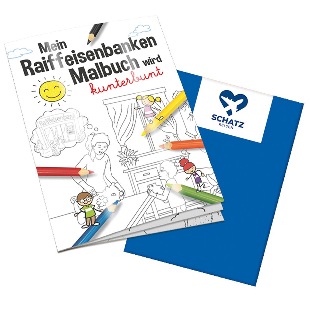 Malbuch / Mal-Set A6 - Raiffeisenbanken, Malbuch mit 1-c Logoeindruck