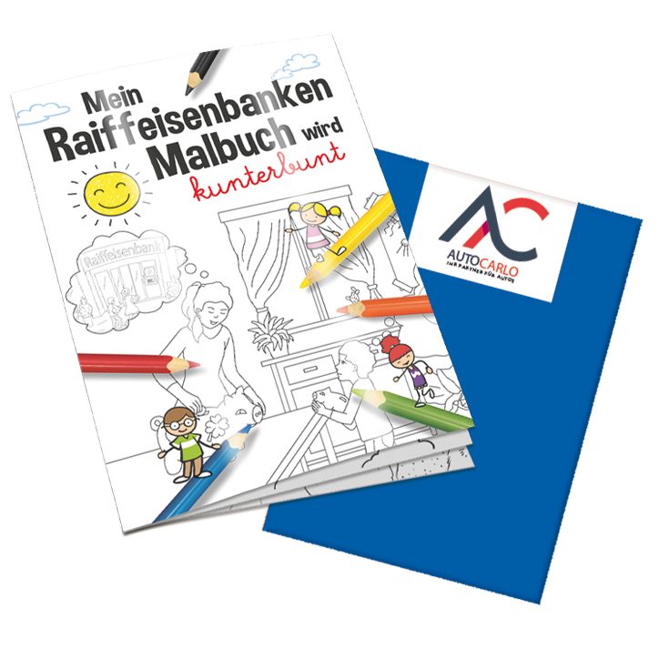 Malbuch / Mal-Set A6 - Raiffeisenbanken, Malbuch mit 2-c Logoeindruck
