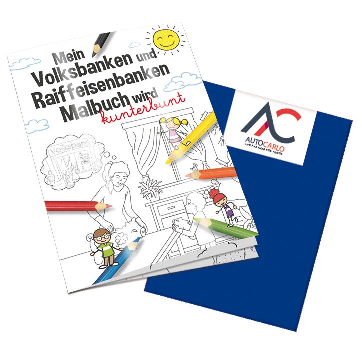 Malbuch / Mal-Set A6 - Volksbanken&Raiffeisenbanken, Malbuch mit 2-c Logoeindruck