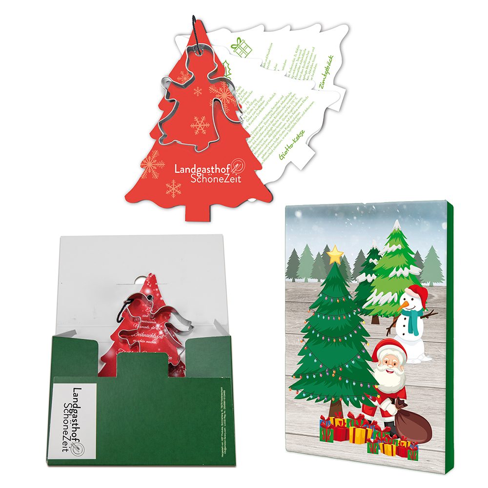 Backförmchen mit Rezeptblock Tannenbaum, Engel - in weihnachtlicher Mappe (mit 1c-Logoeindruck)