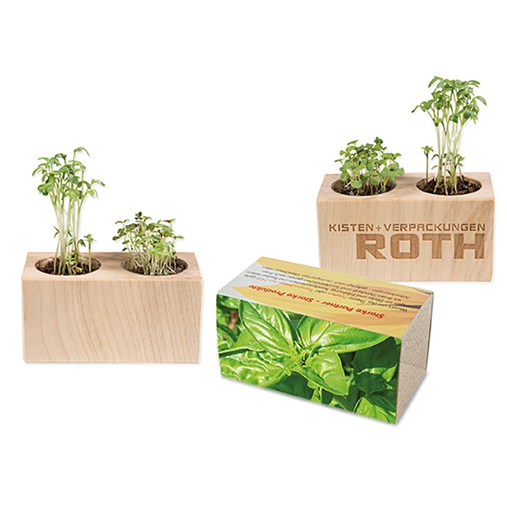 Pflanz-Holz 2er Set mit Samen, Basilikum, 1 Seite gelasert