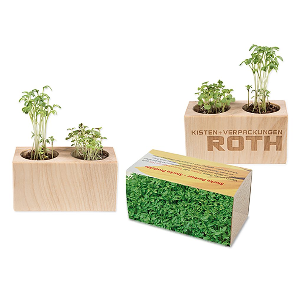 Pflanz-Holz 2er Set mit Samen, Gartenkresse, 2 Seiten gelasert