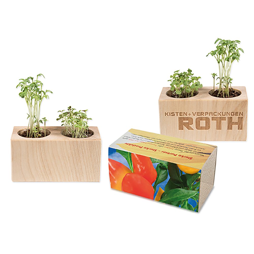 Pflanz-Holz 2er Set mit Samen, Gewürzpaprika, 1 Seite gelasert