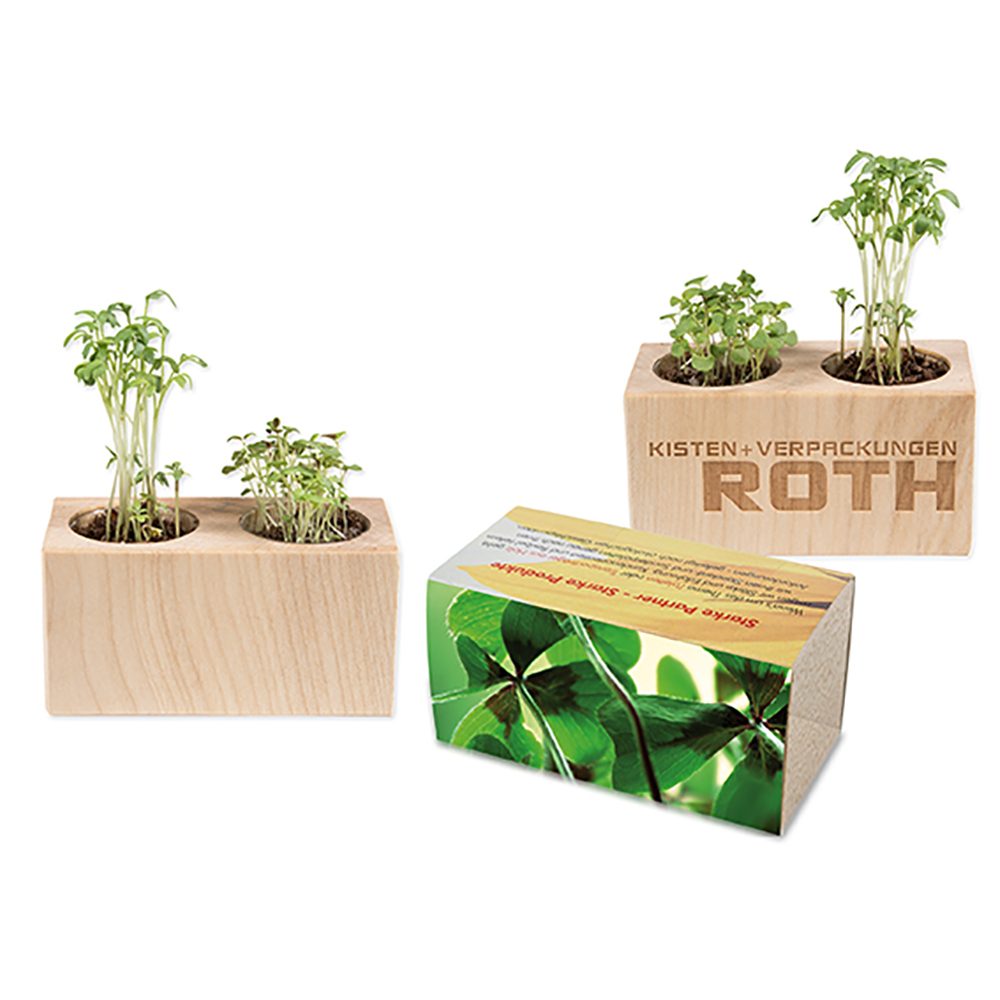 Pflanz-Holz 2er Set mit Samen, Glücksklee-Zwiebel, 2 Seiten gelasert (* Je nach Verfügbarkeit der Glücksklee-Zwiebeln)