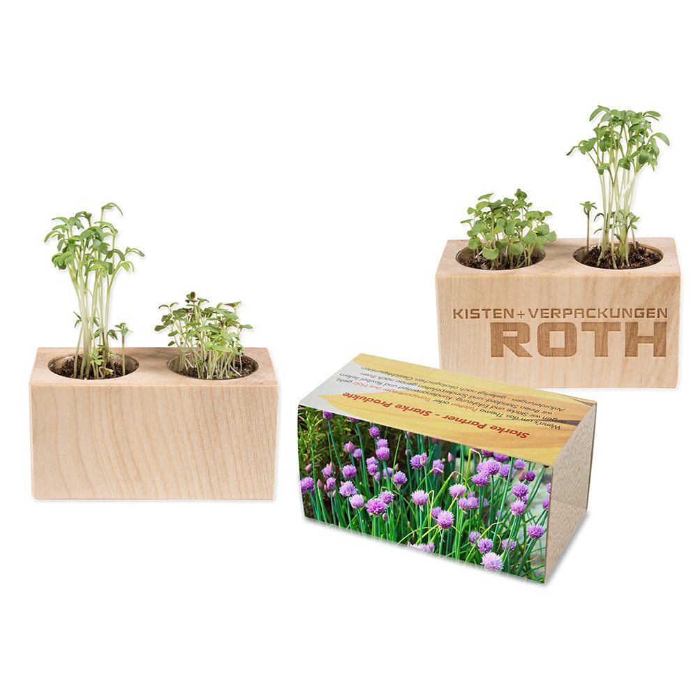 Pflanz-Holz 2er Set mit Samen, Schnittlauch, 1 Seite gelasert