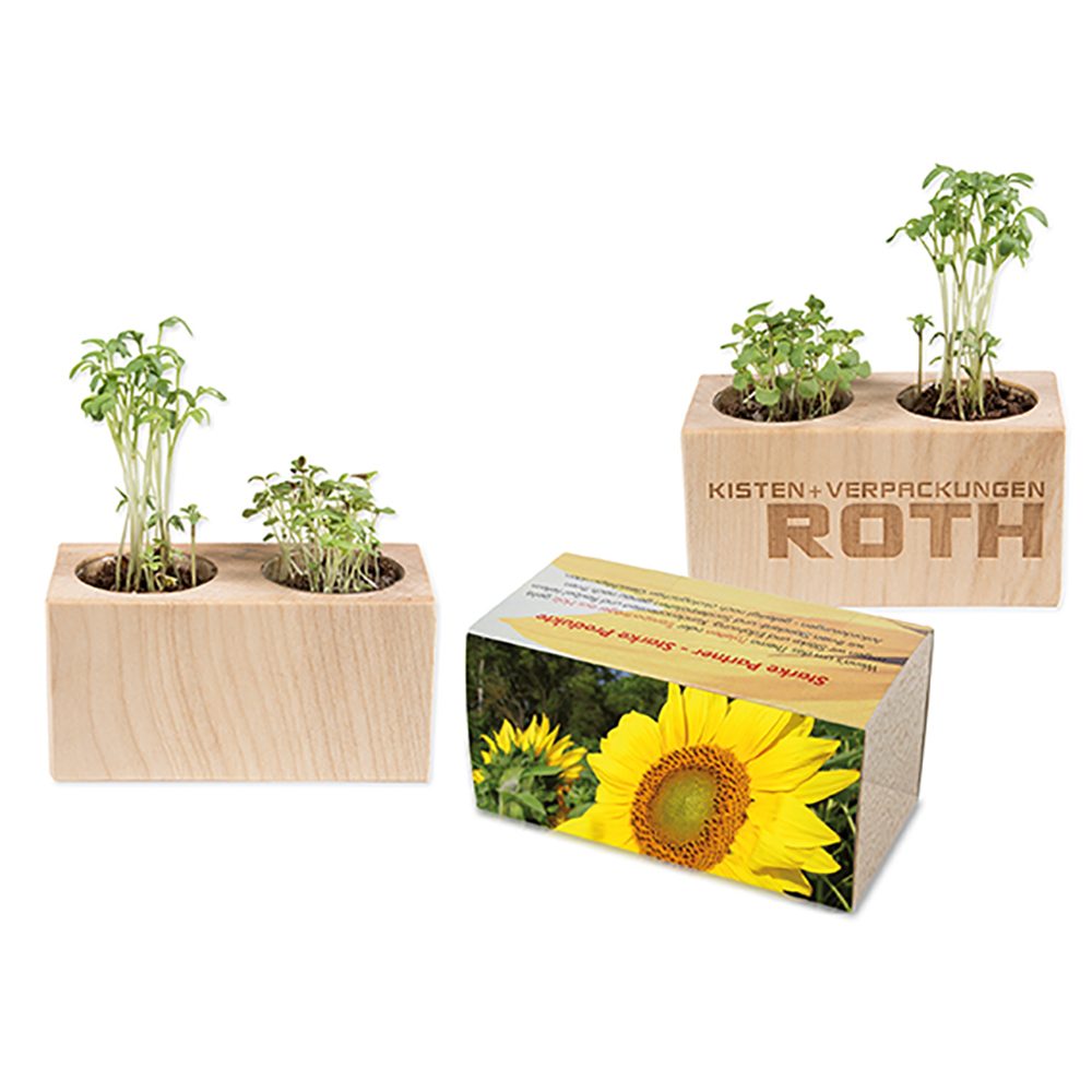 Pflanz-Holz 2er Set mit Samen, Sonnenblume, 2 Seiten gelasert