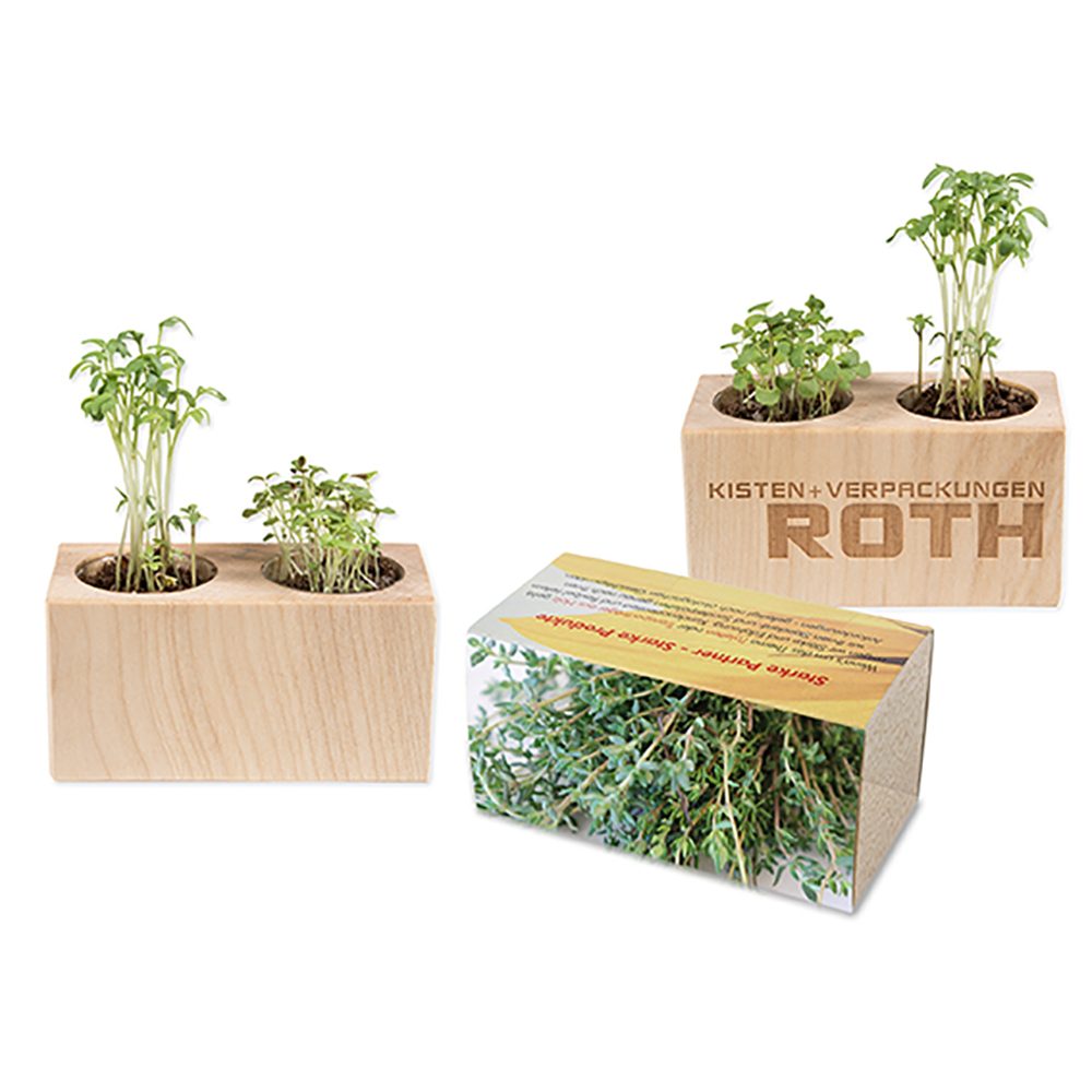 Pflanz-Holz 2er Set mit Samen, Thymian, 1 Seite gelasert