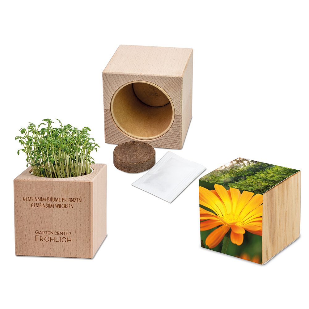 Pflanz-Holz Grande mit Samen, Ringelblume, 2 Seiten gelasert