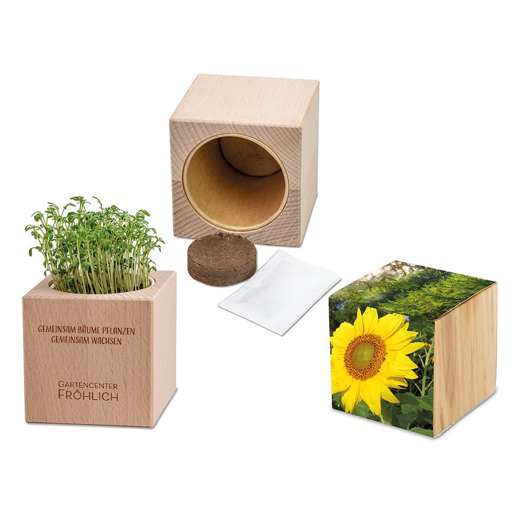 Pflanz-Holz Grande mit Samen, Sonnenblume, 2 Seiten gelasert