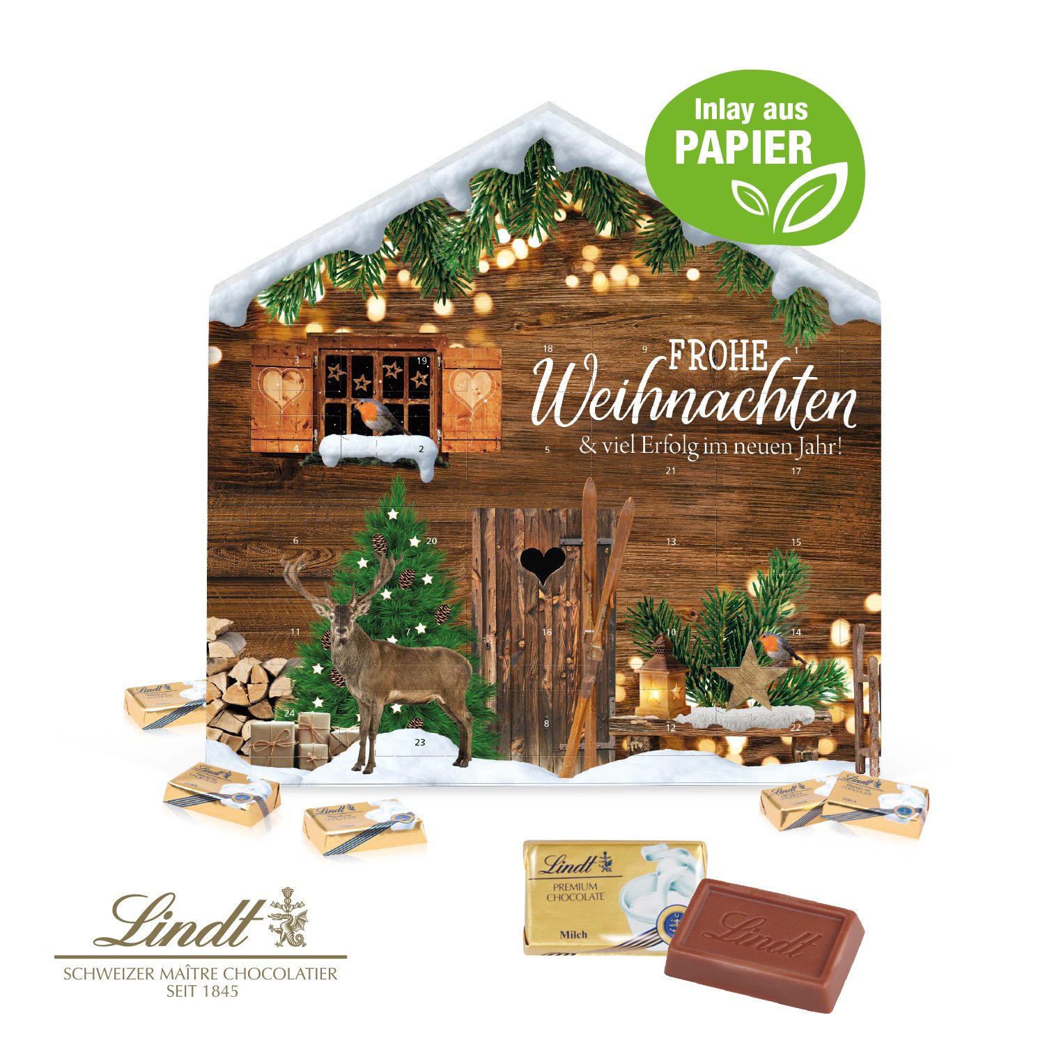 Adventskalender Weihnachtshaus "Exklusiv" mit Lindt Schokolade, Inlay aus Papier