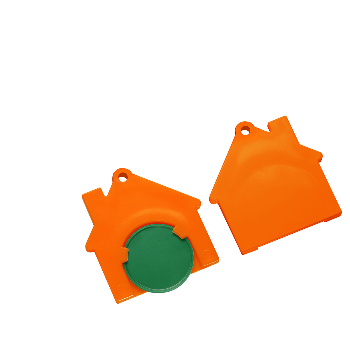 Chiphalter mit 1€-Chip "Haus", Chip grün, Chiphalter orange