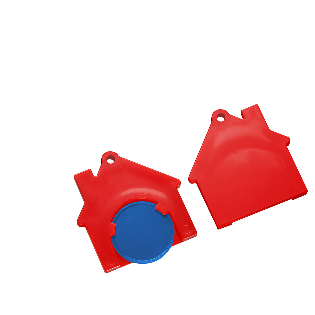 Chiphalter mit 1€-Chip "Haus", Chip blau, Chiphalter rot