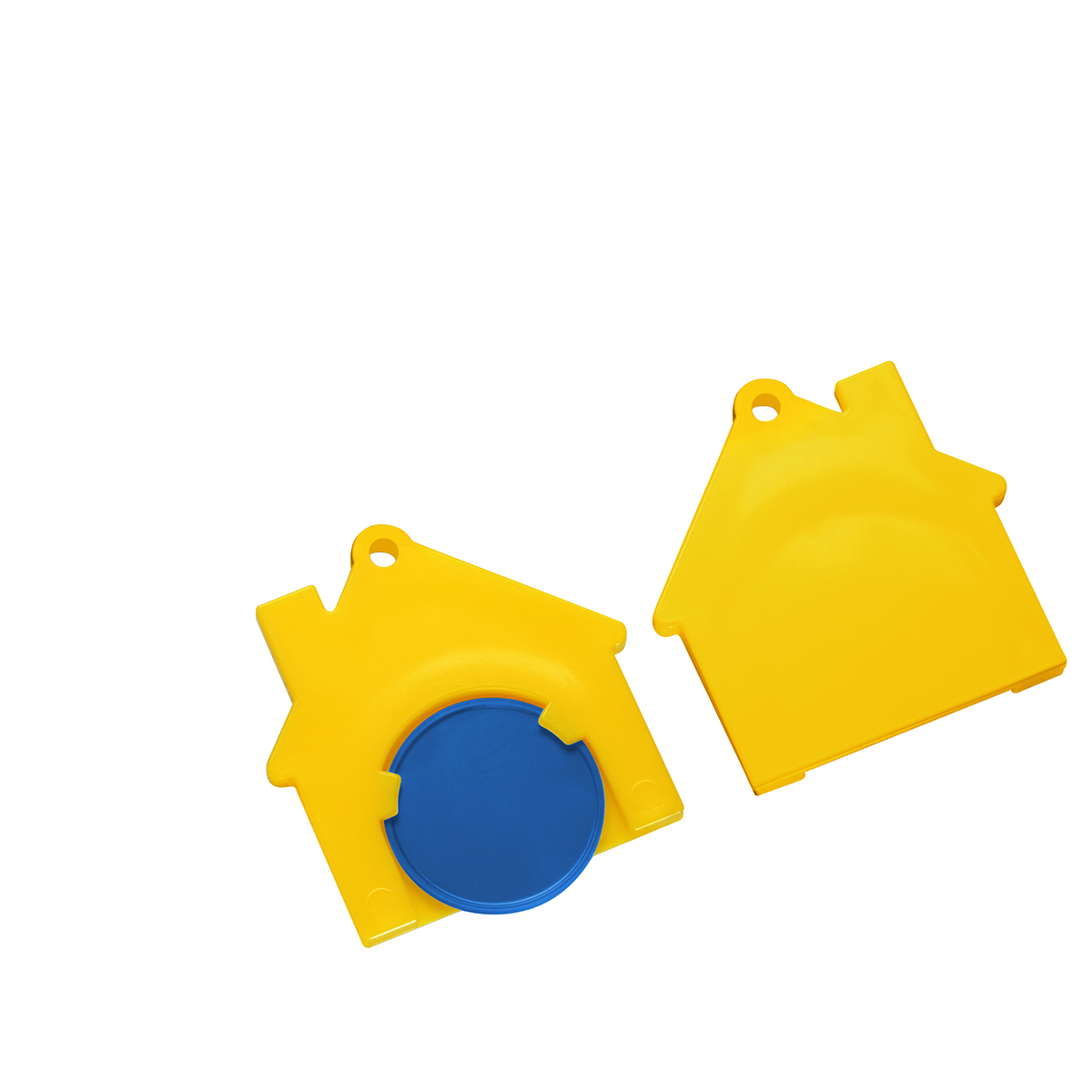 Chiphalter mit 1€-Chip "Haus", Chip blau, Chiphalter gelb