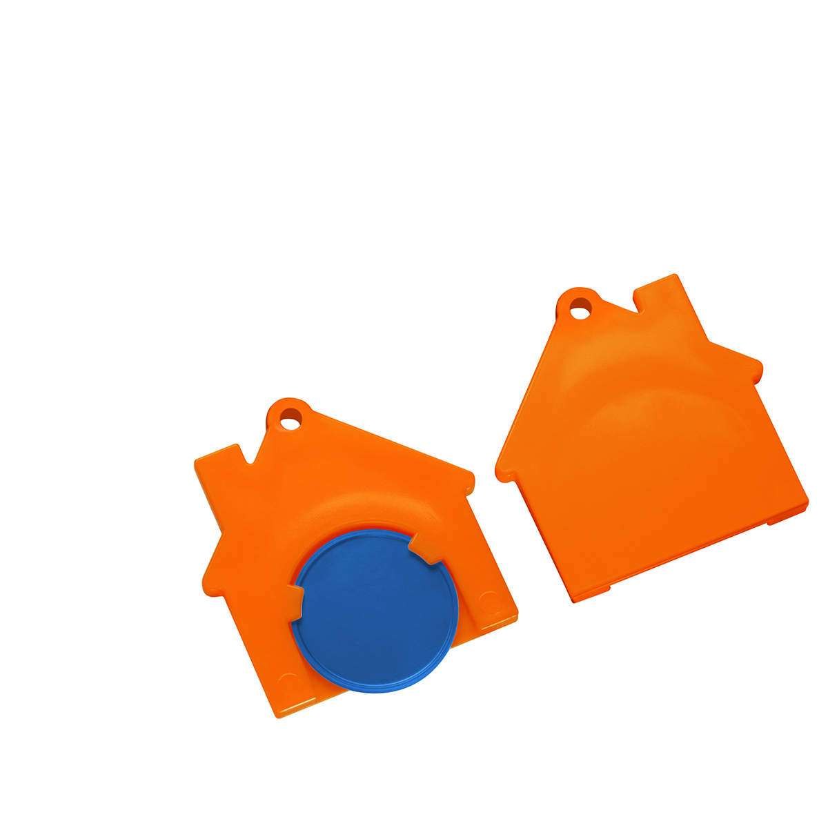 Chiphalter mit 1€-Chip "Haus", Chip blau, Chiphalter orange