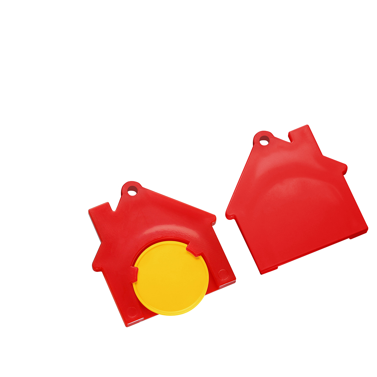 Chiphalter mit 1€-Chip "Haus", Chip gelb, Chiphalter rot