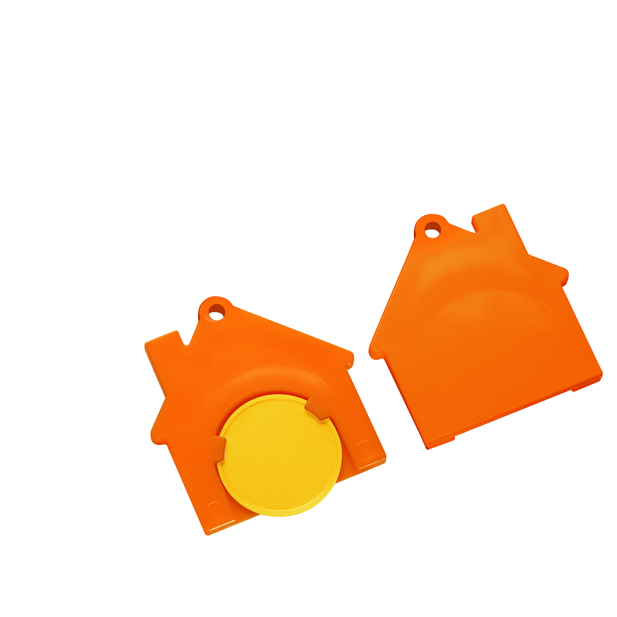Chiphalter mit 1€-Chip "Haus", Chip gelb, Chiphalter orange