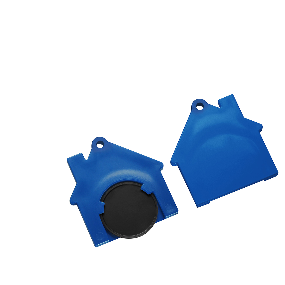 Chiphalter mit 1€-Chip "Haus", Chip schwarz, Chiphalter blau