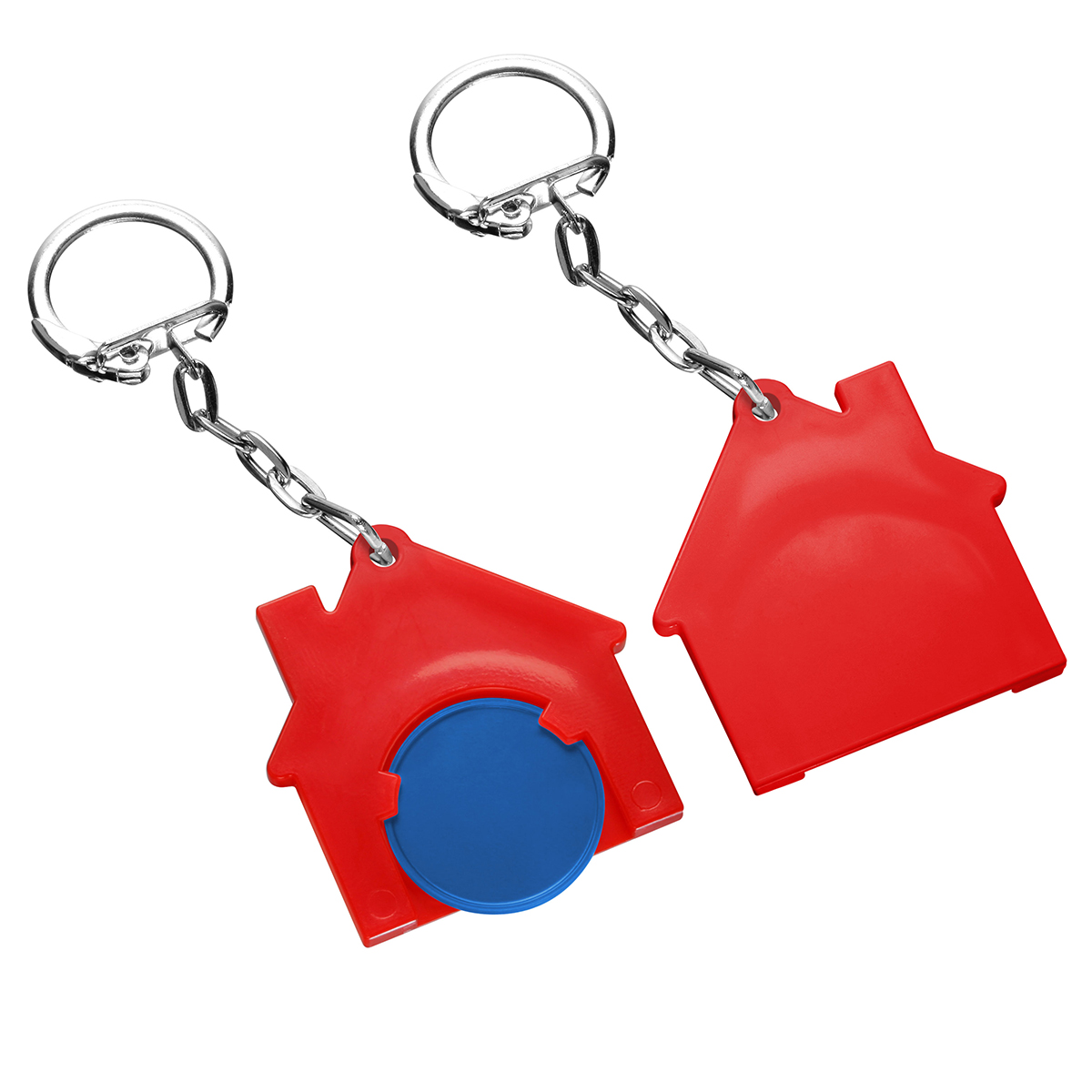 Chiphalter mit 1€-Chip "Haus", Chip blau, Chiphalter rot