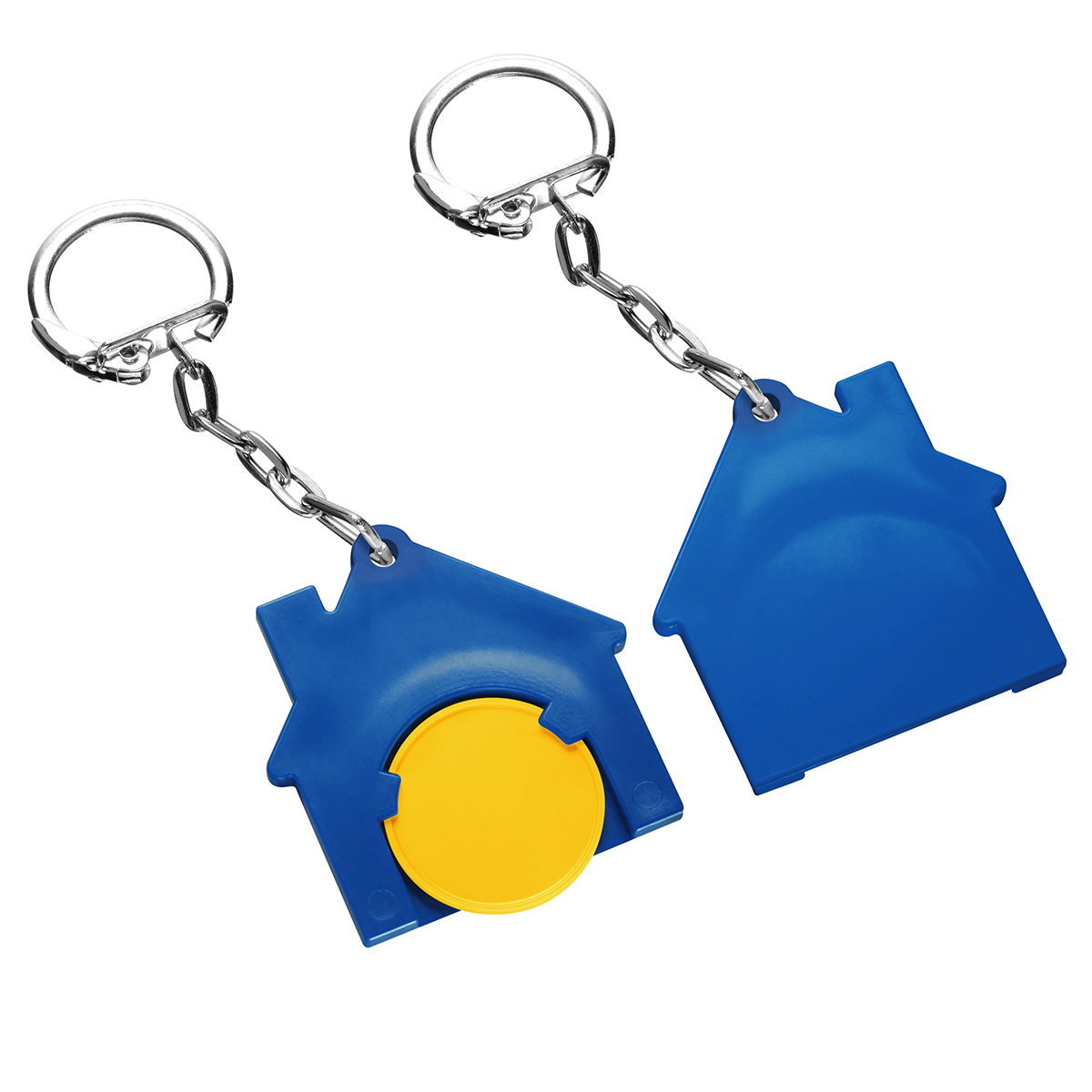 Chiphalter mit 1€-Chip "Haus", Chip gelb, Chiphalter blau